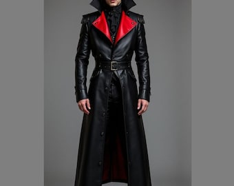 Real Leather Men's Black & Red Long Coat" Gothic Vampire Trench Coat | | Victorian Steampunk Cosplay | Gothic Punk Rock Outfit