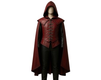Roter Lederumhang mit Kapuze und Weste Mittelalter Vampir Cosplay Kostüm | Handgefertigter Gothic Renaissance Umhang | LARP und Festival Outfit