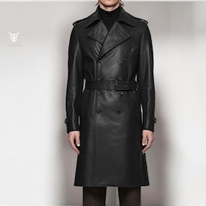 Handmade Genuine Real Cow Leather Vintage Style Men&#39;s Trench Coat Long Length Coat Over Coat With Waist Belt Steampunk Coat Gift For Him