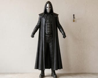 Obsidian Phantom Hooded Leather Cloak – Dark Fantasy Armor Coat, LARP Costume, Renaissance Fair Outerwear