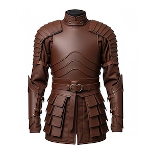Pode incluir: Armadura de couro castanho com gola alta, ombreiras e proteção em camadas para o peito e cintura. A armadura tem mangas compridas e é presa com um cinto e fivelas. Uma fantasia medieval.