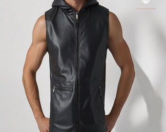 Original Sheep Leather Hooded Vest For Men Front Zipper Leather Vest For Mens Handmade Leather Vest Steampunk Vest