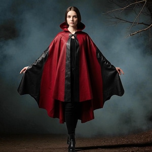 Halloween Witch LARP Costume - Red & Black Leather Vampire Cloak With Hood – Handmade Cosplay Cape For Women| Dark Fantasy Cloak