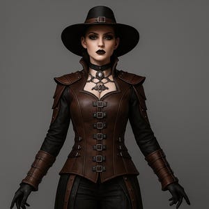 May include: A woman wearing a black hat with a brown leather jacket and black gloves. The jacket has multiple buckles and a decorative collar. The outfit is a mix of brown and black, with a gothic or steampunk aesthetic.