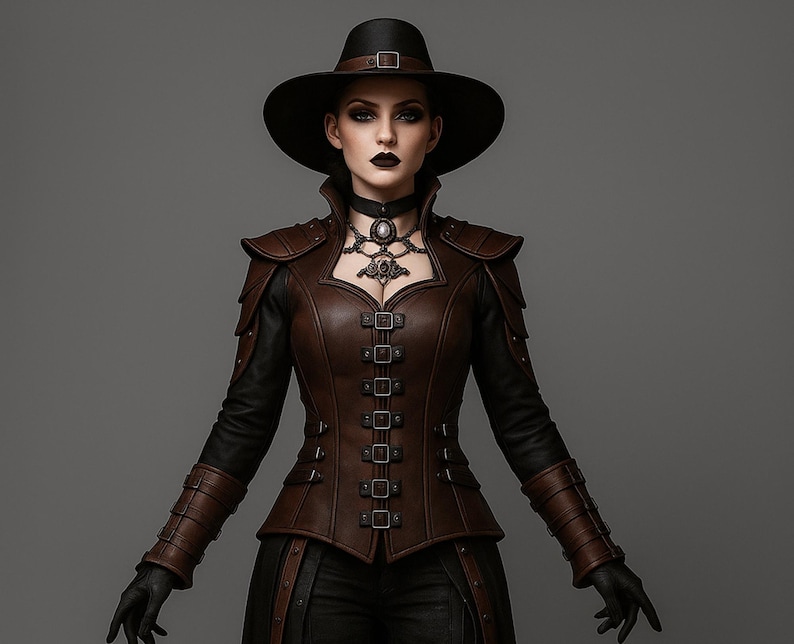 May include: A woman wearing a black hat with a brown leather jacket and black gloves. The jacket has multiple buckles and a decorative collar. The outfit is a mix of brown and black, with a gothic or steampunk aesthetic.