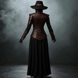May include: A costume featuring a brown leather bodice with shoulder armor and a black skirt. The outfit includes a wide-brimmed black hat, black gloves, and arm cuffs. The ensemble is designed with a medieval or fantasy theme.