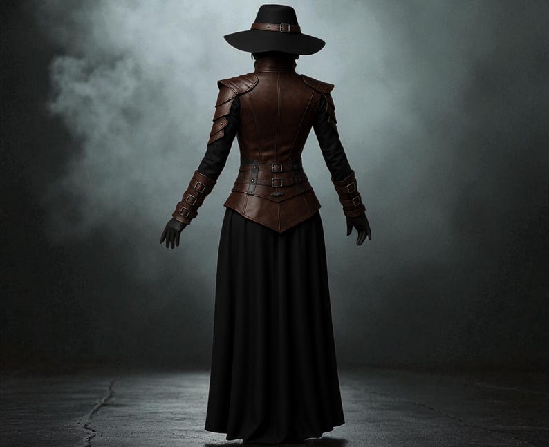 May include: A costume featuring a brown leather bodice with shoulder armor and a black skirt. The outfit includes a wide-brimmed black hat, black gloves, and arm cuffs. The ensemble is designed with a medieval or fantasy theme.