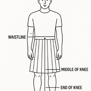 K&ouml;nnte beinhalten: Diagramm zur Messung der Kilth&ouml;he. Eine Figur in einem Kilt ist mit "waistline", "middle of knee" und "end of knee" beschriftet. Der Text "HOW TO MEASURE KILT LENGTH" steht oben.