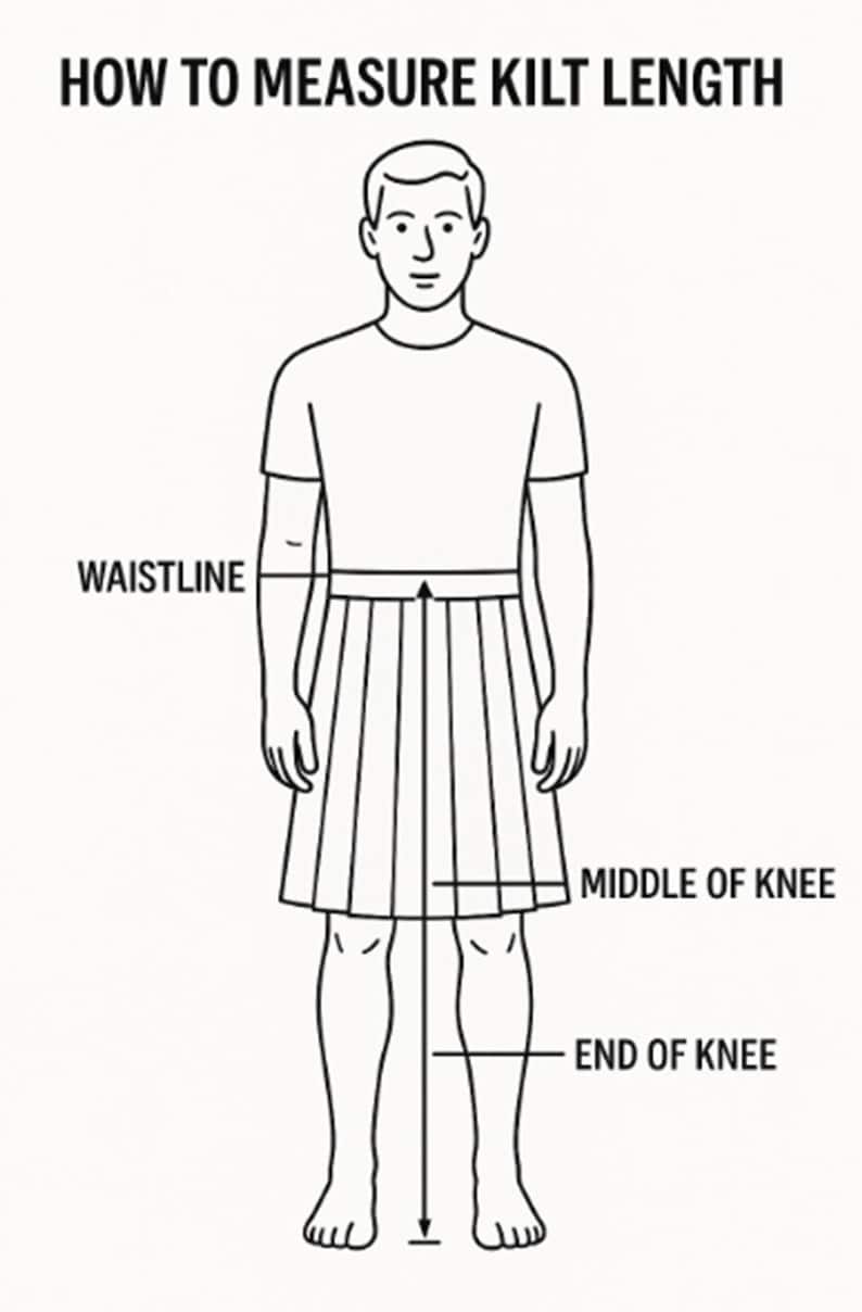 K&ouml;nnte beinhalten: Diagramm zur Messung der Kilth&ouml;he. Eine Figur in einem Kilt ist mit "waistline", "middle of knee" und "end of knee" beschriftet. Der Text "HOW TO MEASURE KILT LENGTH" steht oben.