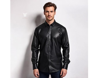 Handmade Genuine Real Cow Leather Black Shirt  Men's New Classic Stylish Shirt Lambskin Shirt Front Snap Button Steampunk Motorcycle Shirt