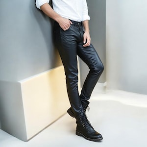 Black Slim Fit Leather Pants for Men  Handmade Real Leather Trousers, Custom Fit Biker Streetwear Bottoms