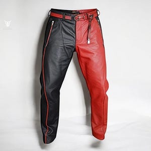 Handmade Red and Black Split Leather Pants for Men Punk Biker Pants, Zipper Trousers for Cosplay, Festival & Streetwear