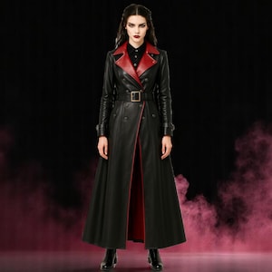 Gothic Vampire Leather Trench Coat – Black & Red Cosplay Long Jacket, Women’s Steampunk Victorian Coat, Halloween Vampire Costume