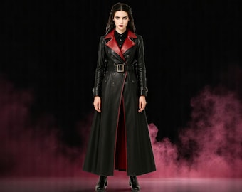 Gothic Vampire Leather Trench Coat – Black & Red Cosplay Long Jacket, Women’s Steampunk Victorian Coat, Halloween Vampire Costume