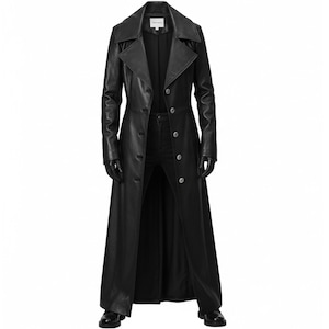 May include: A long, black leather coat with a classic trench coat design. The coat features a notched collar, button-down front, and a long, flowing skirt. The sleeves are long, and the coat appears to be made of a smooth, high-quality leather.