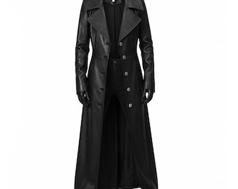 Trench in pelle nera / Giacca lunga Matrix Duster / Soprabito lungo gotico / Abbigliamento invernale personalizzato fatto a mano