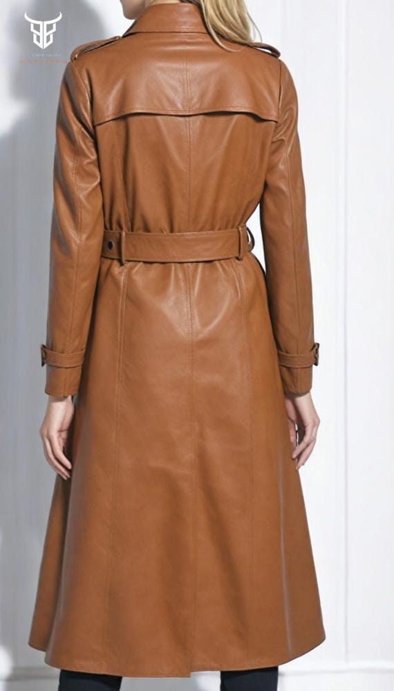 Handmade Genuine Brown Tan Women's Real Cow Leather Trench Design Coat  Winter Leather Coat for Girls Leather Belt Formal Look Girls Coat