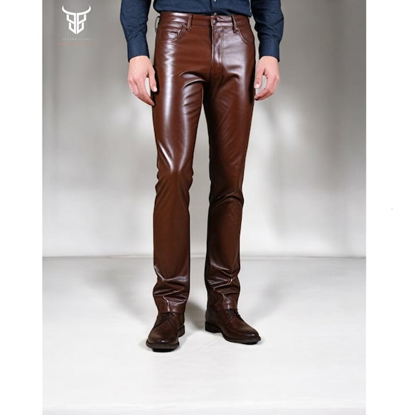 Handmade Brown Slim Fit Leather Pants for Men Real Leather Trousers, Custom Tailored Dress or Casual Bottoms