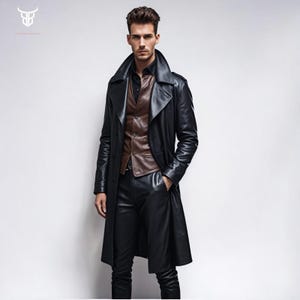Fait à la main véritable cuir de vache souple noir hommes long manteau trench design en cuir manteau pour garçons nouveau mode manteau plumeau cadeau pour lui