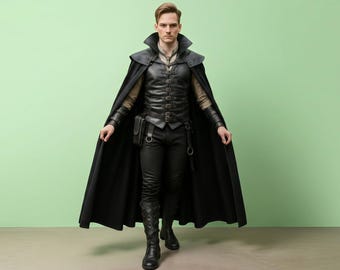 Gothic Vampire Warrior Cloak Set | Black Leather Vest & Cape | Medieval Fantasy Costume | Cosplay Outfit for LARP, Ren Faire, Halloween