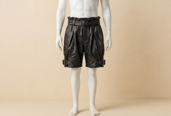 Ruched Waist Leather Shorts With Buckle Belt Ankle Cuff Detail | Handmade Gothic Punk Streetwear Mens Statement Trousers