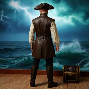 May include: A person wearing a brown leather pirate vest, hat, and boots stands on a wooden deck, facing a stormy sea. The background features a dramatic sky with lightning and crashing waves. A wooden treasure chest sits nearby.