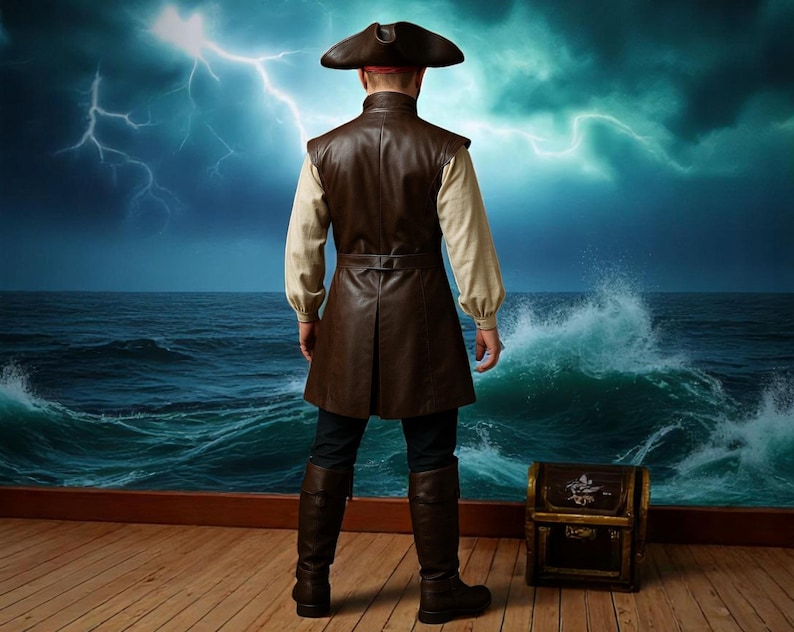 May include: A person wearing a brown leather pirate vest, hat, and boots stands on a wooden deck, facing a stormy sea. The background features a dramatic sky with lightning and crashing waves. A wooden treasure chest sits nearby.