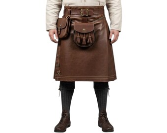 May include: A brown leather kilt with a matching belt, two pouches, and a chain. The kilt has decorative stitching and is worn with gray socks and brown boots. The belt has a large buckle.
