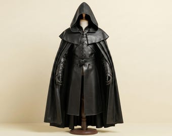 Gothic Assassin-leren mantel met capuchon | Middeleeuwse cosplaycape voor Halloween, LARP, Renaissance Faire, Witcher & Fantasy-kostuum