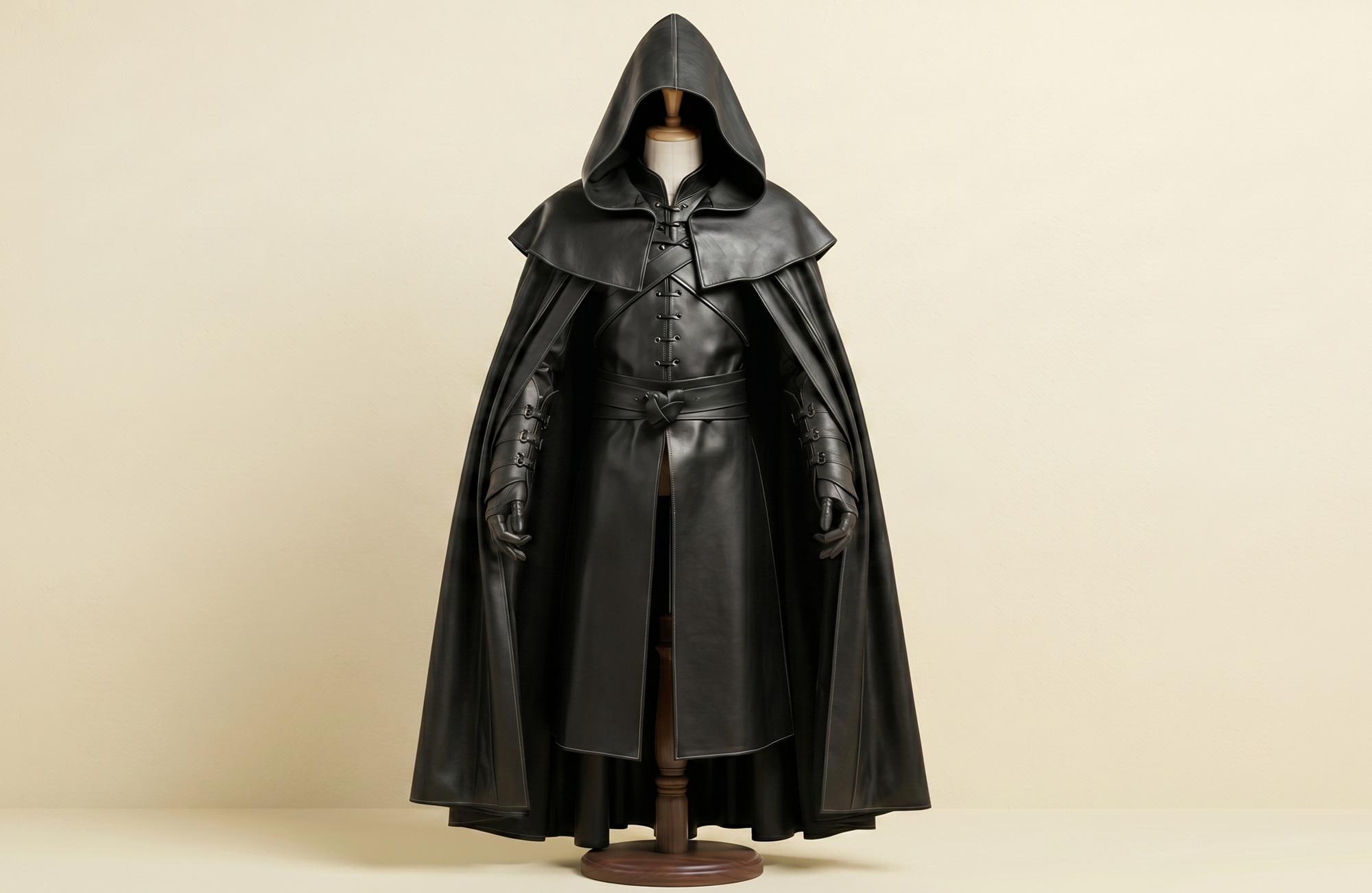 ゴシック アサシン フード付きレザーマント | ハロウィン、LARP