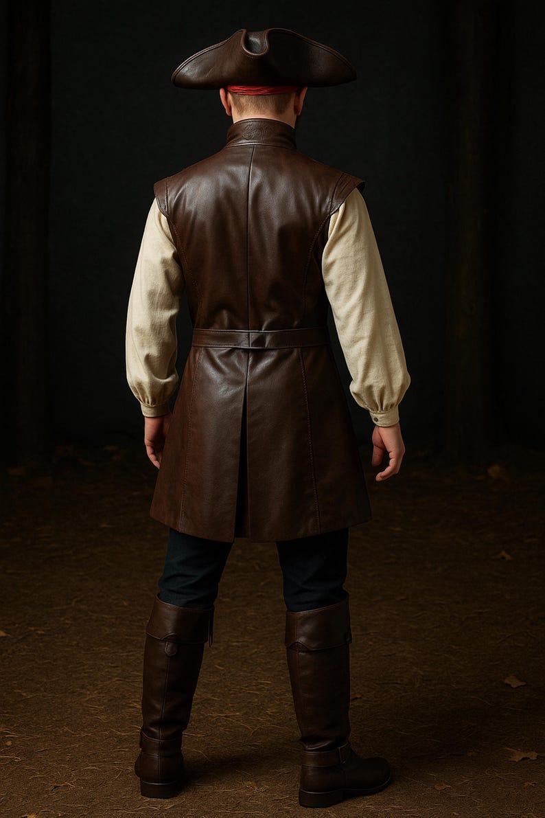 May include: A brown leather pirate costume, including a tricorn hat, vest, and boots. The vest has a belted waist and is worn over a cream-colored shirt. The costume is designed for historical reenactment or themed events.