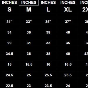 May include: A black chart displays garment measurements in inches for sizes XS to 4XL. Measurements include body size, chest, waist, hip, shoulder, length, and arm length, providing detailed sizing information.