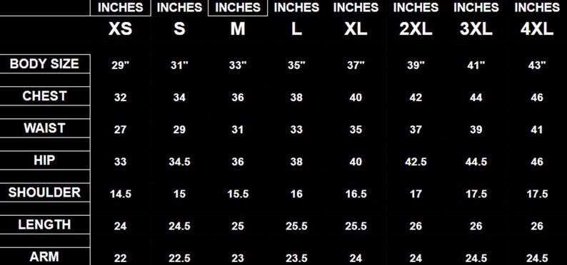 May include: A black chart displays garment measurements in inches for sizes XS to 4XL. Measurements include body size, chest, waist, hip, shoulder, length, and arm length, providing detailed sizing information.