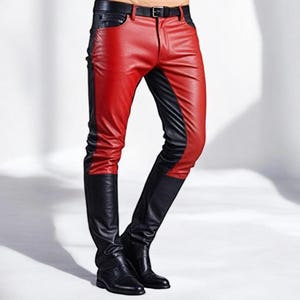 May include: Red and black leather pants with a slim fit. The pants have a black leather panel on the outside of each leg.