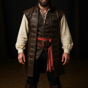 May include: A brown leather pirate vest with brass-colored buttons and a lace-up front. The vest is worn over a cream-colored shirt and paired with a red sash. A brown tricorn hat and boots complete the pirate ensemble.