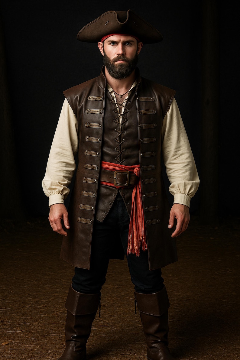 May include: A brown leather pirate vest with brass-colored buttons and a lace-up front. The vest is worn over a cream-colored shirt and paired with a red sash. A brown tricorn hat and boots complete the pirate ensemble.