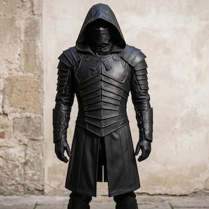 May include: A black leather hooded tunic featuring segmented armor plating on the chest and shoulders, long sleeves with matching forearm guards, and a knee-length skirt. The garment includes a face-covering cowl and integrated gloves.