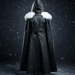 May include: A black leather hooded cape with a white fur collar. The cape is long and flowing, and the hood is pulled up over the head. The cape is worn by a person standing in a snowy setting.