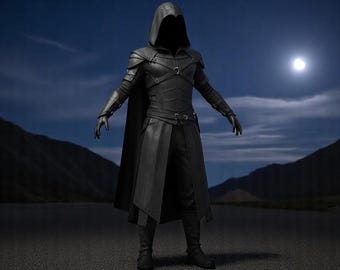 Exclusive Gothic Assassin Leather Hooded Cloak and Armor set | Black Fantasy Costume Cape for LARP, Cosplay, Vampire, Stealth Warrior Outfit