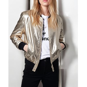 Fait main en cuir véritable doré métallisé pour femme, veste de motard, fabriqué à la main en similicuir doré, veste de moto