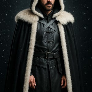 May include: A man wearing a black hooded cloak with a white fur trim. The cloak is lined with white fur and has a leather belt with a buckle. The man is standing in front of a dark background with snow falling.