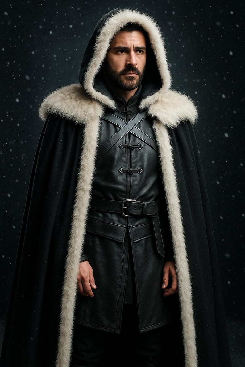 May include: A man wearing a black hooded cloak with a white fur trim. The cloak is lined with white fur and has a leather belt with a buckle. The man is standing in front of a dark background with snow falling.