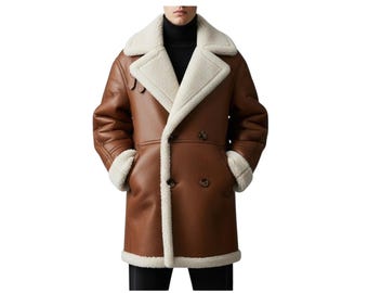 Men’s Shearling Leather Coat • Brown Aviator Winter Jacket • Warm Double Breasted Sheepskin Coat • Heavy Duty B3 Pilot Style Outerwear