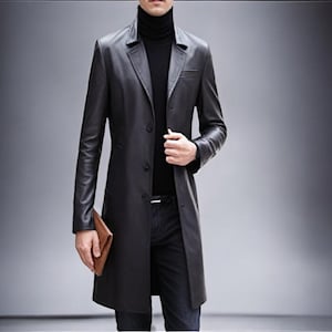 Handmade Genuine Real Cow Leather Long Trench Black Coat for men&#39;s New Fashion Coat Soft Black Leather Coat For Boys Gift For Him