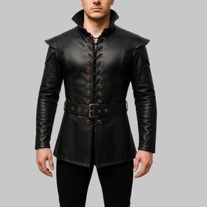 Gothic Warrior Leather Coat | Renaissance Fantasy Men&#39;s Lace-Up Belted Jacket | Viking Medieval Cosplay Outfit LARP Steampunk