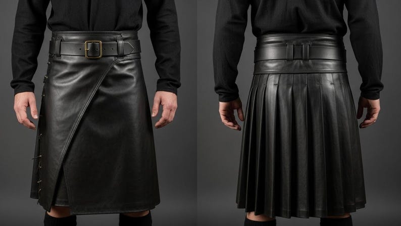 K&ouml;nnte beinhalten: Schwarzer Lederkilt mit breitem G&uuml;rtel und Schnalle. Der Kilt hat ein Wickeldesign mit einer diagonalen Frontplatte und dekorativen N&auml;hten. Die R&uuml;ckansicht zeigt ein plissiertes Design. Das Kleidungsst&uuml;ck wird mit einem schwarzen Langarmshirt getragen.