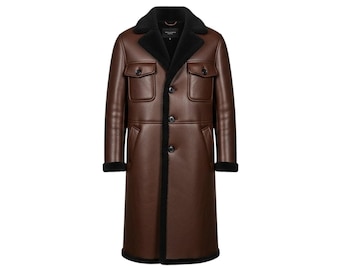 Men’s Brown Shearling Leather Coat – Long Winter Fur Lined Overcoat, Warm Jacket, Sheepskin Trench