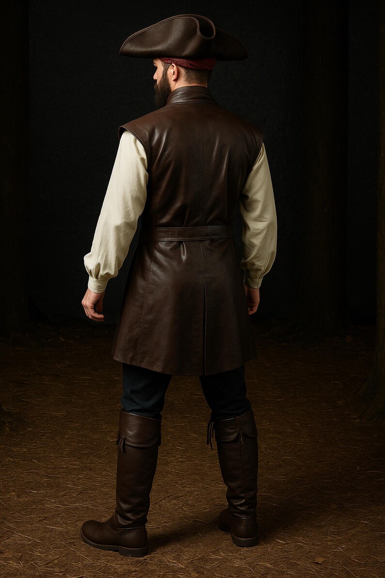 May include: A brown leather pirate costume, including a tricorn hat, vest, and knee-high boots. The vest has a belt and is worn over a cream-colored shirt. The boots and hat are a darker shade of brown.