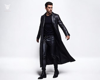 Handmade Genuine Real Cow Leather Men Long Coat Trench Design Coat New Fashion Black Coat For Boys Gothic Long Black Coat Duster Coat