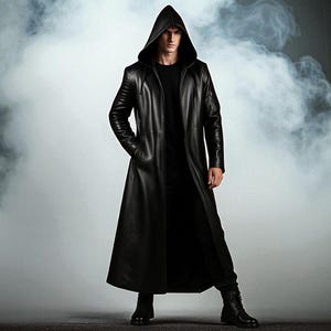 May include: A long, black leather coat with a hood. The coat is floor-length and has a tailored fit. The person in the image is wearing a black shirt and pants, and black boots. The background is a smoky gray.